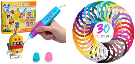 3D Pen Body & 0.07 inch 1.75 mm PCL Filament Set of 30 Colors, Low Temperature Design 3D Pen Set includes cute 3D pen, PCL filament, robot base, robot template, and thumbtacks. A popular birthday