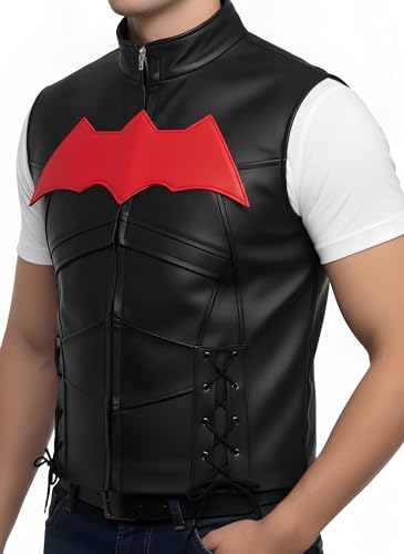Image of Black Hood Bat Jacket and Vest - Red Hooded Leather Jacket 2 in 1