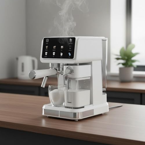 Image of Automatic Espresso Machine 6 Preprogrammed Drink Modes Espresso Machine with Milk Frother Cappuccino Latte Brewer Single-Press, White