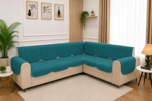 Image of 7 Seater L-Shape Sofa Cover with Arm Covers, Quilted Texture, Sectional Couch Protector for Living Room-Pack of 15 (Teal)