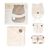 PETIT COULOU Teddy Bear Gift Box for Babies 0-6 Months - Cute 4-Piece Baby Accessories Set - Keep your Newborn Warm and Cozy - Includes Booties, Hat, Blanket and Mittens (Cream)