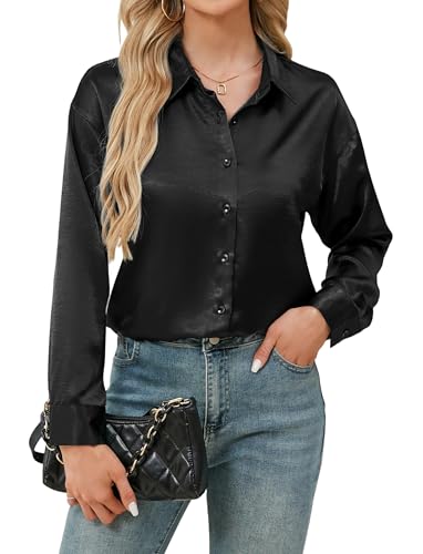 Stamain Camisas Negro Mujer Blusa de Satén Seda Manga Larga Camisa Informal con Botones Elegante Blusa con Cuello en V para Oficina Ejecutiva y Negocios M