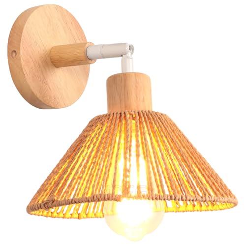 iDEGU Lámpara de Pared Interior Retro Aplique de Pared de Madera 22cm Tulipa de Ratán Estilo Bohemio Lámpara de Techo Ajustable Iluminación E27 Aplique Retro para Salón, Dormitorio, Pasillo (Marrón)