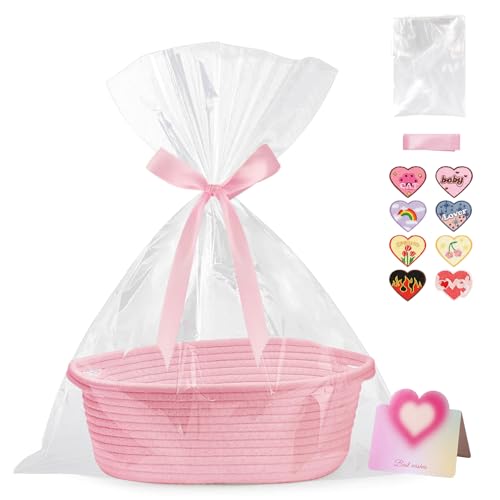 Image of CMXZSAM Small Woven Basket with Gift Bags, Ribbons and Self-Adhesive Cloth, 12 inchX 8 inch X 5 inch Pink Baskets for Gifts Empty, Rope Empty Baby Gift Basket for Baby Shower Birthday Easter Presents