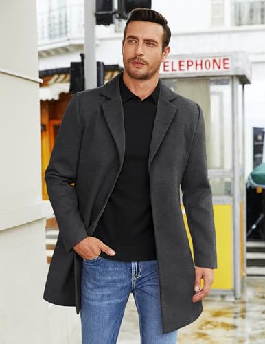 COOFANDY Men's Winter Coats Grey Lapel Collar Trench Coats Men Slim Fit Mid Long Overcoat Regular Fit Soft Woolen Coat Dark Grey M2