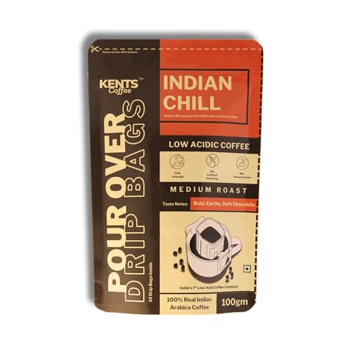 Image of Kents Coffee Indian Chill | Pour Over Drip Coffee Bags | Bold, Earthy And Dark Chocolate Taste Notes | Non-Bitter, Low Acidity, Gut-Friendly Black Coffee (Pack Of 10, 10Gm Each)