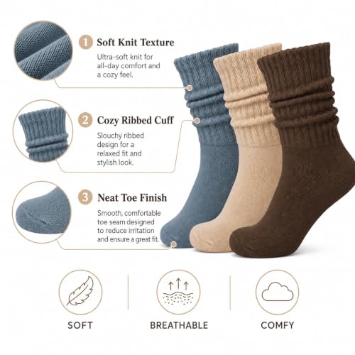 Image of 3 Pairs Slouch Socks for Women & Men, Ribbed Scrunch Crew Socks | 3-pair cotton-rich ribbed slouch socks for women and men, thick scrunch crew socks for boots, sneakers and lounging.
