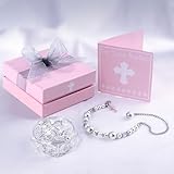 Regalos de bautismo para niñas, pulseras de cruz católica para bebés y niñas y tarjeta de bautizo con caja de recuerdo de joyería plateada, regalos de bautizo para niñas, regalos de bautizo de
