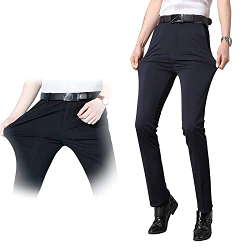Men's Ice Silk Suit Pants - French Gentleman Non-Ironing Anti-Wrinkle Suit Pants, Summer Ice Cool Breathable Pants (38,Navy Blue) Cover
