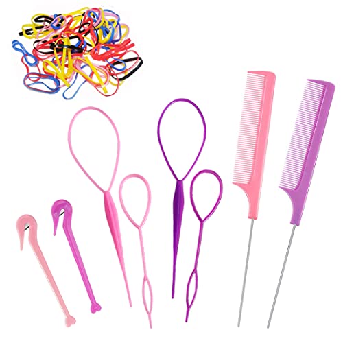 SzeWare Topsy Tail Hair Tools, 108pcs Hair Styling Tools for Girls, 2pcs Rat Tail Comb 4pcs French Braiding Tool Hair Loop Styling Tool 2pcs Elastic Hair Rubber Bands Cutter, 100 Colored Children Rubber Bands for Children Girls
