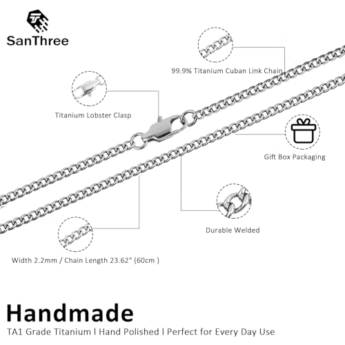 SanThree 2.2mm Pure Titanium Cuban Link Chain Necklace for Men Women Sensitive Skin, Durable Welded Skin Friendly Oval Twist Chain for Valentines Day Birthday Gift, 21.65"/23.62"4
