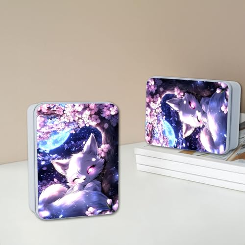 Image of Metal Tin Box with Lid,Multi-functional Storage Box Can Store Tea Biscuits Game Cards, Playing & Tarot Cards-Comes with 4 Magnetic Cord Clips,White Fox Cherry Tree