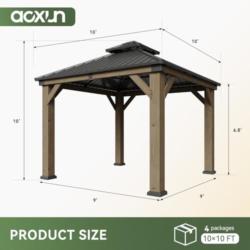 Image of Aoxun 10' x 10' Outdoor Wood Gazebo, Hardtop Gazebo Permanent Wooden Pavilion with Galvanized Steel Double Roof, for Patio, Garden, Deck, Cedar Wood, Grey