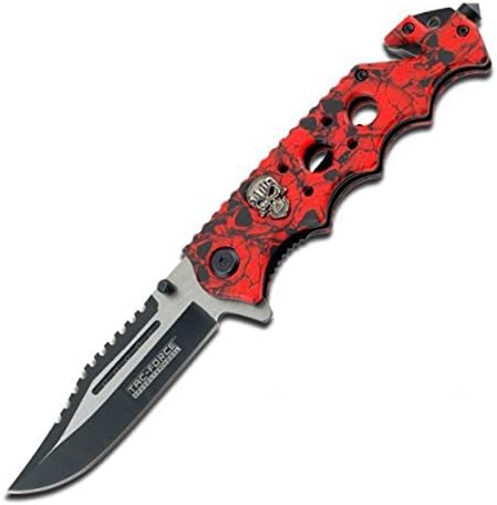 Tac Force Assisted Opening Rescue Glass Breaker Bright Red Skull Design Hunting Camping Tatical Pocket Knife