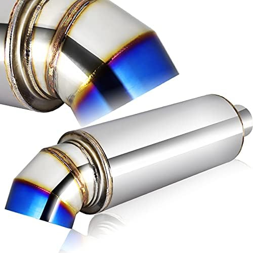 Universal 2.5" Inlet 4" Outlet Burnt Exhaust Tip Muffler Stainless Steel Universal 19" Length, Titanium Blue Burnt Tip, Weld On, Exhaust Muffler (Cutter Knife Style)