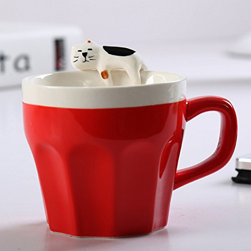 saibang 235u00a0ml de café de cerámica taza, diseño de gatitos arte los amantes de los de gato taza de té con cuchara de café (rojo) (rojo)