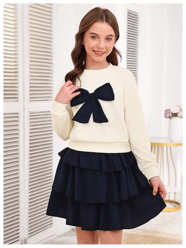 Image of OYOANGLE Girl's Cute 2 Piece Outfits Long Sleeve Bow Sweatshirts and Layered Ruffle Short Skirt Sets