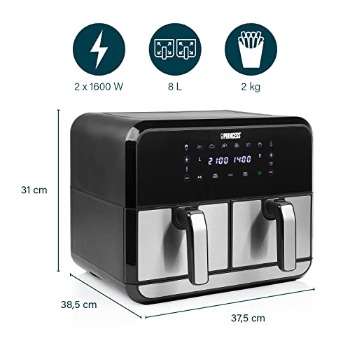 Princess Heißluftfritteuse mit Doppelkammer, 2x4L, 62,2% Energieersparnis, 8 Programme, separate Temperaturen, Fachmaße: 25x15x10 cm, Gesamtmaße: 38.4 x 37.4 x 30.8 cm, 182074 – Bild 4
