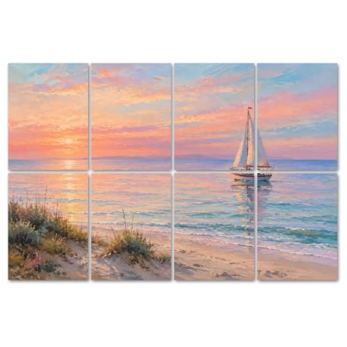 8 Pack Paneles Acústicos Artísticos Absorbentes de Sonido Color Playa Atardecer Tranquilo Barco de Vela 48"x32"
