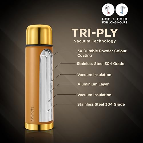 Image of Perch California Stainless Steel Water Bottle 1 LTR | Hot & Cold Flask | ISI Certified | Vacuum Insulated | Leak Proof | BPA Free | for Office, School, Gym & Travel | Gold-Amber | Crafted by Pexpo