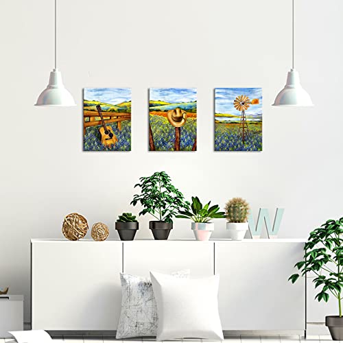 Sechars 3 Piece Texas Canvas Wall Art Bluebonnets Field Farm Windmill Landscape Painting Western Decor Cowboy Hat Guitar Pictures Art For Farmhouse Home Living Room Decor Ready To Hang (Small) #TOP1