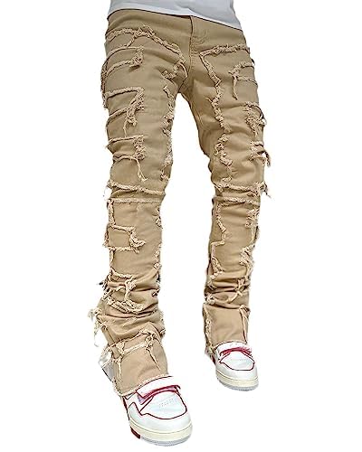 MAEHARRT Stacked Jeans Men Ripped Jeans Slim Fit Skinny Patchwork Denim Pants Y2K Goth Harajuku Hip Hop Jeans Trousers