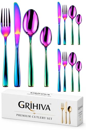 Image of 12 Pcs Rainbow Mirror Polish Stainless Steel Cutlery Set for Dining Table with Spoons and Forks Set + Butterknives - The Perfect Tableware /Flatware