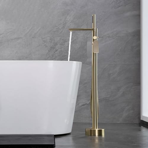 Grifo Bañera de Pie Oro Cepillado 2 Salidas Rotación 360° Grifos Duchas de Baño con Alcachofa Fría y Caliente