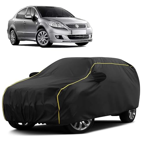 Image of Sulfar 100% Water Resistant Car Body Cover Compatible with Mirror for Maruti Suzuki SX4 (Triple Stitched, Full Bottom Elastic, Black Taffeta with Yellow Piping)