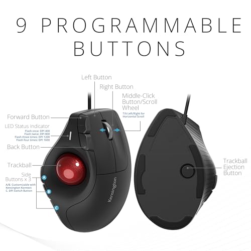 Image of Kensington TB675 Vertical Trackball Mouse Wired, Ergonomic Design, USB-C /USB-A Connection - Black (K72170WWMY)