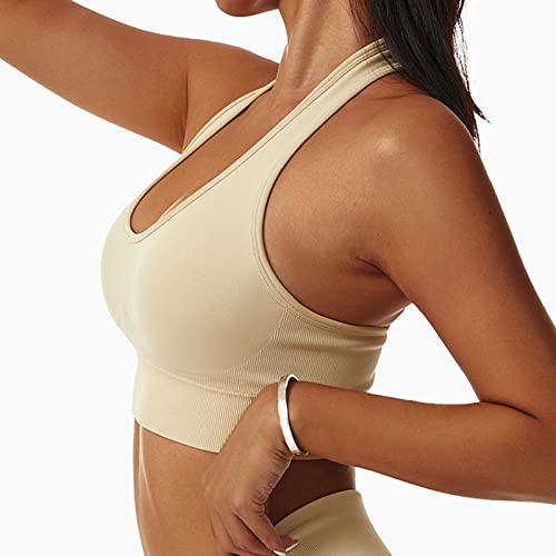 Womens Butterluxe High Neck Longline Sports Bra - U Back Padded Crop Workout Tank Top With Built In Bra E0095 Beige#Small #TOP1