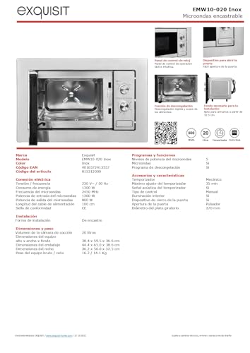 Miniatura 12 de Exquisit Microondas Encastrable 20l, 800w, Acabado En Inox, Interior Inoxidable, 5 Niveles De Potencia, Función Descongelación, Plato Giratorio De 25,5 Cm, Medidas 38,4 X 59,5 X 36,6 Cm