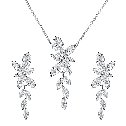 Sweetv Marquise Wedding Jewelry Set For Bride Bridesmaids, Silver Bridal Jewelry Set For Wedding, Cubic Zirconia Crystal Necklace Earrings Set For Women #TOP14
