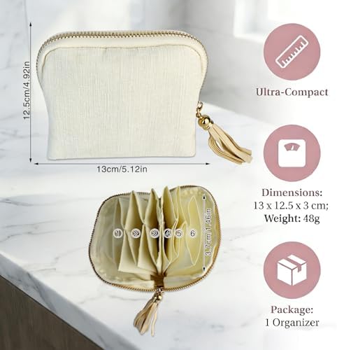 UPEOXT Travel Jewelry Case, Jewelry Organizer, Mini Box, Portable Storage for Women, Small Pouch, Velvet Bag, 6 Compartments, White Tassel, Jewellery Organizer, Jewelry Case Travel, Travel Box