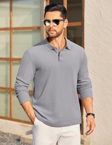 COOFANDY Men's Long Sleeve Knit Polo Sweater Fall Lightweight Polo Sweaters Casual Business Polo2
