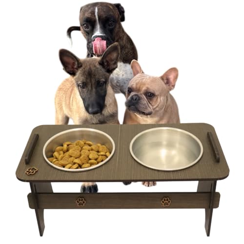Comedouro e Bebedouro Pet Duplo Elevado inclinado em MDF e Aluminio 600 ML porte médio cachorro