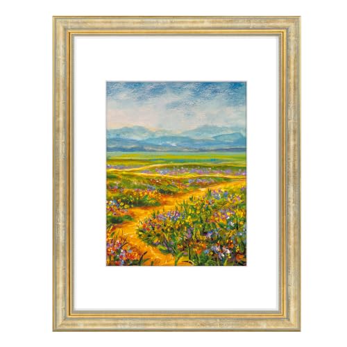 Image of Golden State Art,12x16 Ornate Picture Frame Holds 8.5x11 Photo,Vintage Gold | Includes real glass front,white mat,build-in hangers and buttons.Displays 8.5x11 photo on wall
