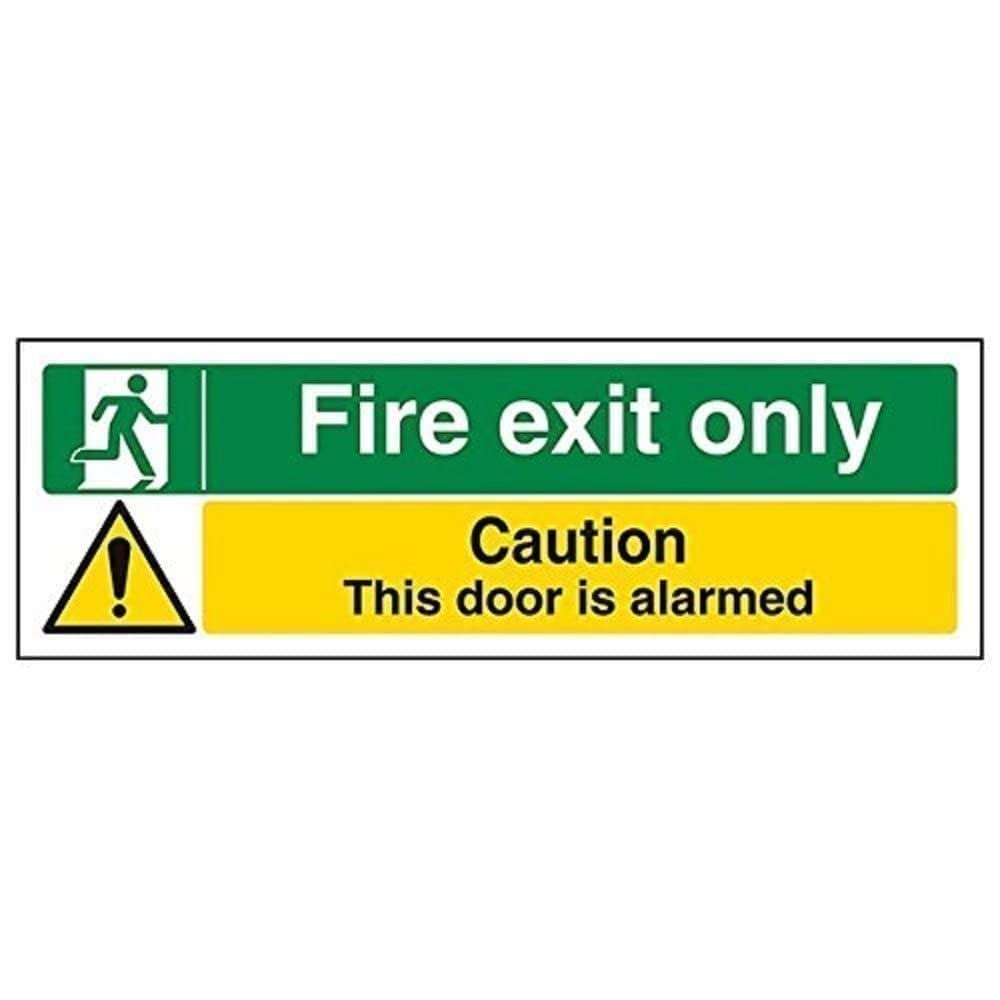 VSafety Fire Exit Only/Door Alarmed Sign - Landscape - 300mm x 100mm - Self Adhesive Vinyl