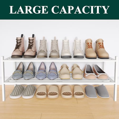 Image of Smiry Bamboo Shoe Rack, 5 Horizontal Slats, 2 Tier - 33.9 inch Wide, White