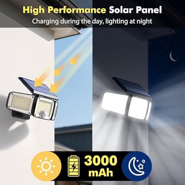 Solar Flood Lights Outdoor, 3 Color Temperature 280 LED 3000LM Solar Motion Sensor Lights Outdoor, IP65 Waterproof 3000mah 3 Heads Wall Security Light, 270¡ã Wide Angle, Garage, Pool, Garden, 2 Pack