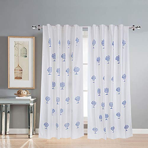 Image of LINENWALAS Cotton Curtains Set Of 2, Canvas Door Curtains For Home Decor, Hangs Elegantly With Back Loops (4.5Ft X 8 Ft, Blue Tree), Opaque, Back Tab Curtains