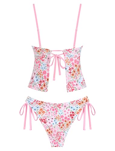 Image of ZAFUL Women's V Neck Textured Knot Tie Ruffle Trim Tankini Swimsuits