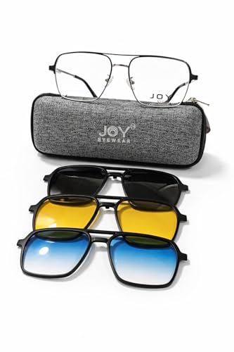 Image of Premium Tinted Eyeglasses with Magnetic Clip-On Sunglasses, 4-in-1, Matte Black Frame, Black Yellow Blue Lenses
