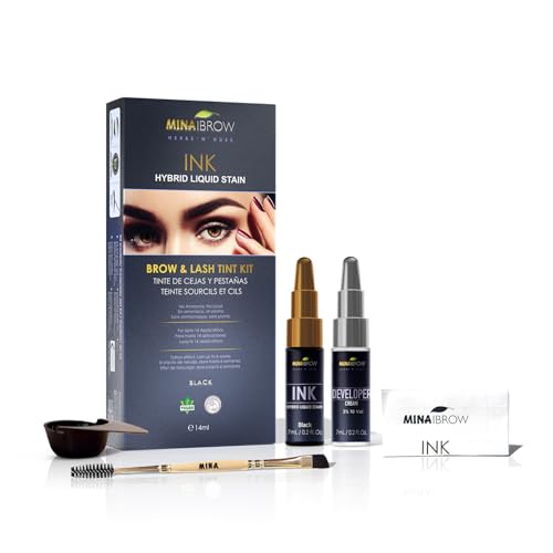 MinaiBrow INK Hybrid Liquid Tint for Brow & Lashes Black |Long Lasting Spot Coloring for Brow & lash |Instant Brow Hair Dye Tint Kit | 100% Gray Coverage - up to 14 Applications - 14ml