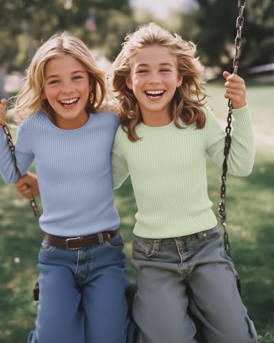 Image of 4 Pack Girls Long Sleeve Shirts Ribbed Knit Cotton Crewneck Tops Slim Fit Soft Casual Kids Base Layer Undershirts