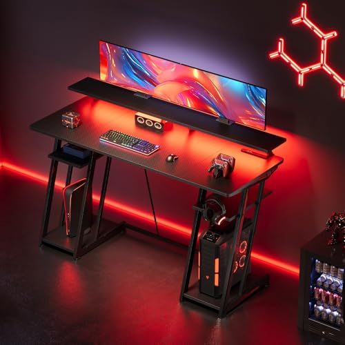 YeTom LEDゲーミングデスク 幅135cm RGB光る 省スペース パソコンデスク 収納付き デュアルモニター対応 頑丈Z型フレーム 簡単組立 学習机/オフィスデスク 黒い