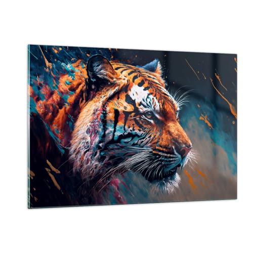 Deco Cadre Salon Tigre Coloré Animal Moderne Impression sur Verre 120x80cm Image Tableau en Verre Decoration Murale Chambre Cuisine Horizontal Art Grand XXL Tableaux Decoratifs Muraux GAA120x80-5736