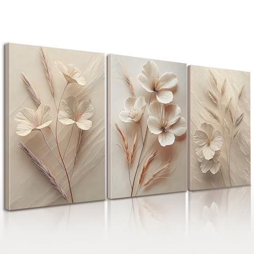 3 Pcs Floral Canvas Wall Art, Minimalist Cream Plant Pictures Wall Decor, Beige Botanical Canvas Prints, Spring Modern Farmhouse Paintings, Organic Artwork for Living Room Bedroom Bathroom 12x16 Inch