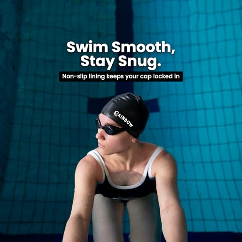 Image of Rainbow Silicone Swimming Cap for Men, Women & Kids | Stretchable Swim Cap for Long & Short Hair | Durable, Waterproof & Comfortable Fit - Black