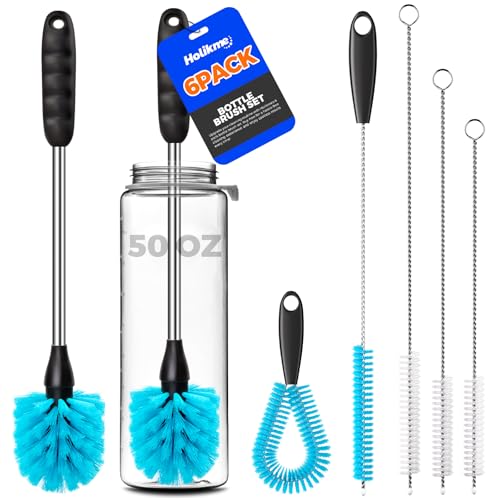 Holikme 6 Pack Bottle Brush Set 14.5 Long Handle Stainless Steel Bottle Cleaner Brush Long-Handled 6-in-1 Stainless Steel Bottle Brushes for Water Bottle Cups Abrasive Wheel Brushes Blue